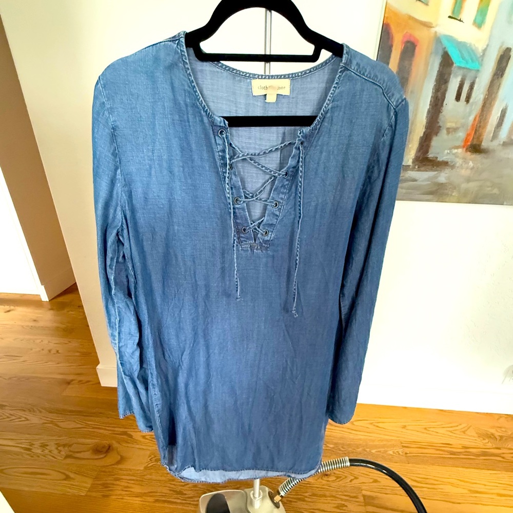Jean short dress with zig zag lacing in front